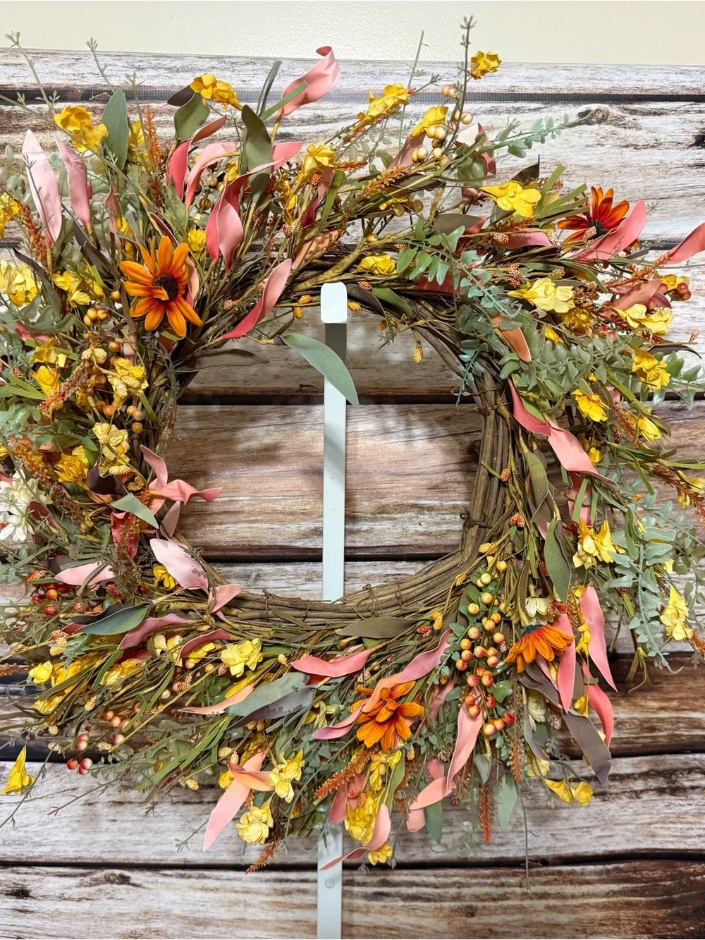 Autumn Flower & Berry Faux Floral Wreath - Yellow Orange & Pink